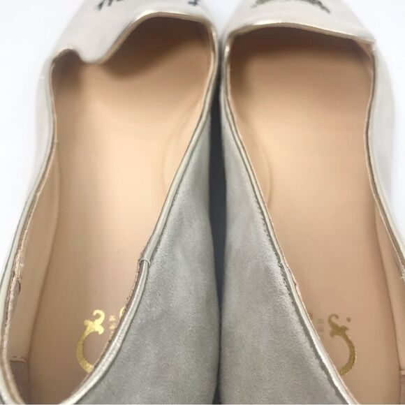 C Wonder Creamy Taupe Suede Leather Be Happy Embroidered Ballet Slipper Flats - Picture 8 of 16